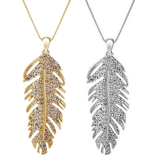 Womens Fashion Bohemian Alloy Rhinestone Feather Pendant Link Chain Necklace Image 1