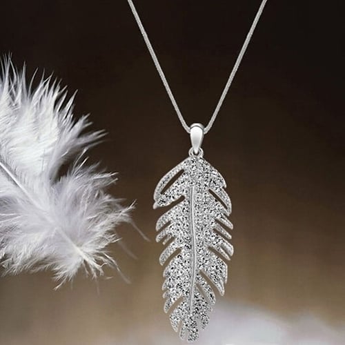 Womens Fashion Bohemian Alloy Rhinestone Feather Pendant Link Chain Necklace Image 4