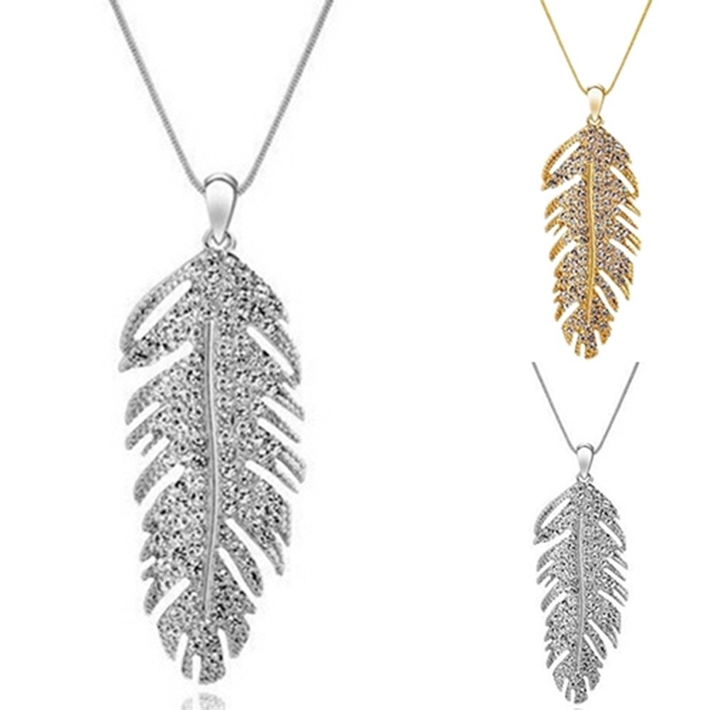 Womens Fashion Bohemian Alloy Rhinestone Feather Pendant Link Chain Necklace Image 6