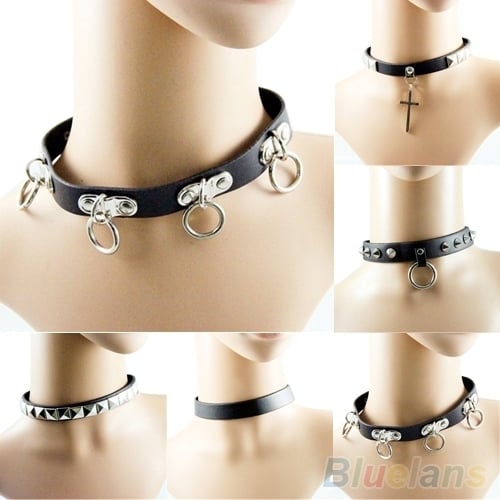 Punk Gothic Black Faux Leather Choker Cross Spike Rivet Buckle Collar Necklace Image 1