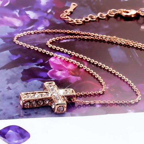 Women Shiny Rhinestone Inlaid Cross Pendant Necklace Fashion Casual Jewelry Image 8