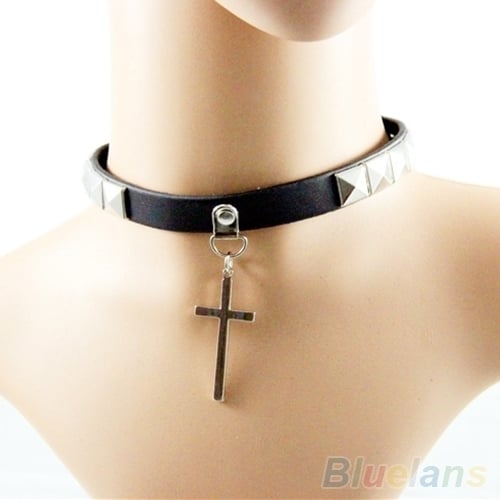 Punk Gothic Black Faux Leather Choker Cross Spike Rivet Buckle Collar Necklace Image 8