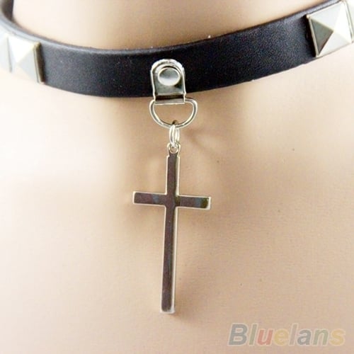 Punk Gothic Black Faux Leather Choker Cross Spike Rivet Buckle Collar Necklace Image 9