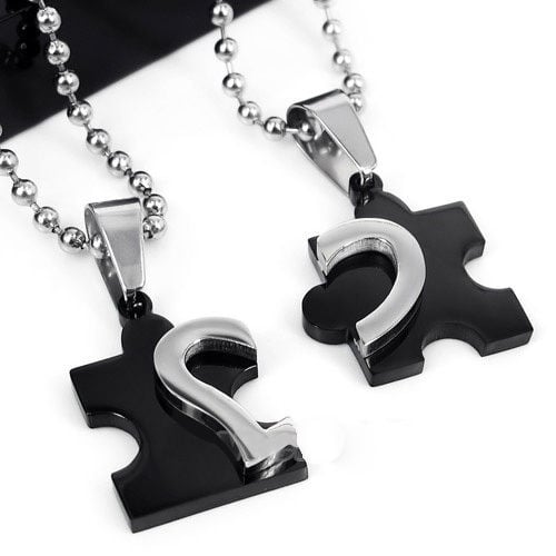 Mens Womens Fashion Couple Stainless Steel Love Heart Puzzle Pendant Necklace Image 1