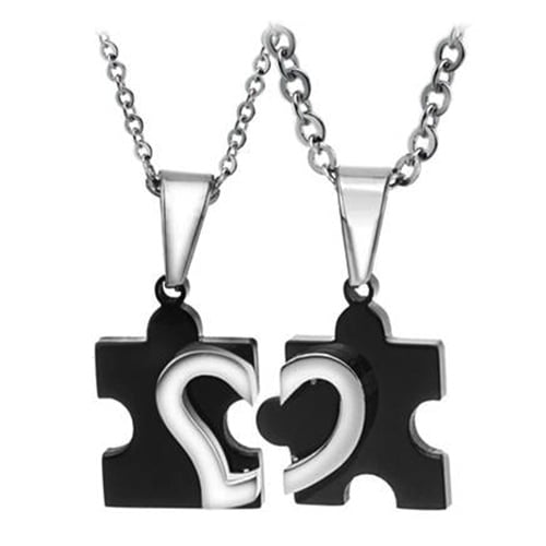 Mens Womens Fashion Couple Stainless Steel Love Heart Puzzle Pendant Necklace Image 2