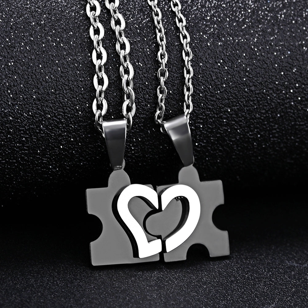 Mens Womens Fashion Couple Stainless Steel Love Heart Puzzle Pendant Necklace Image 7