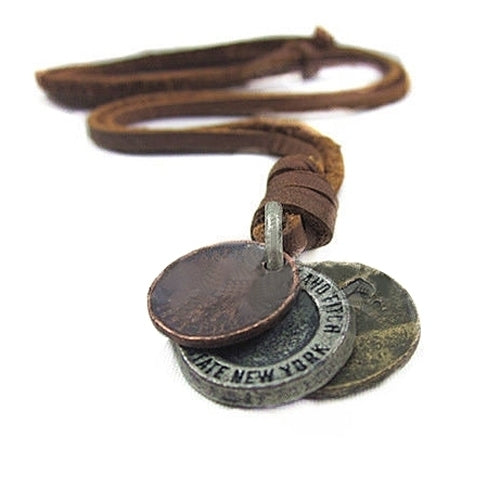 Fashion Mens Womens Charm Choker 3 Coins Pendant Genuine Leather Necklace Image 1