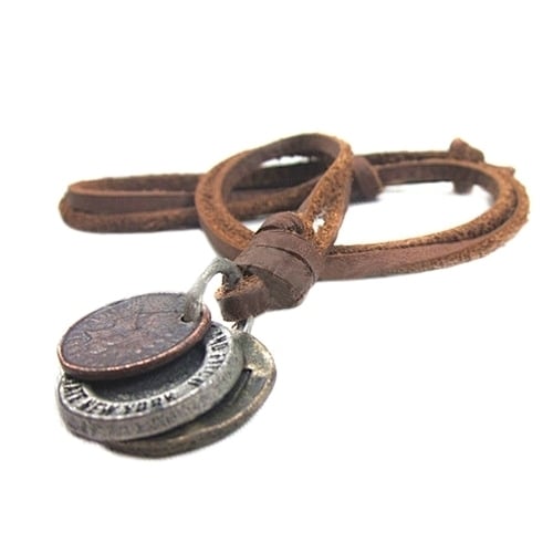 Fashion Mens Womens Charm Choker 3 Coins Pendant Genuine Leather Necklace Image 3