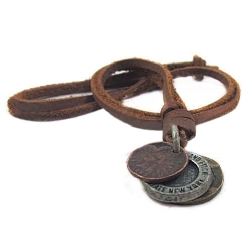 Fashion Mens Womens Charm Choker 3 Coins Pendant Genuine Leather Necklace Image 4