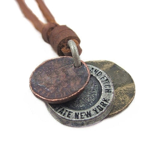 Fashion Mens Womens Charm Choker 3 Coins Pendant Genuine Leather Necklace Image 4