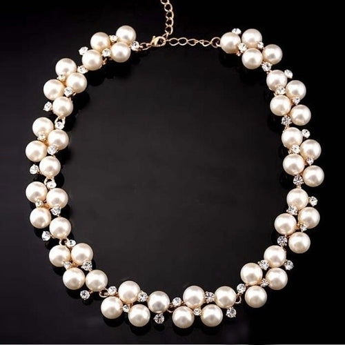 Elegant Lady Faux Pearls Shiny Rhinestone Collar Necklace Valentines Day Gift Image 1