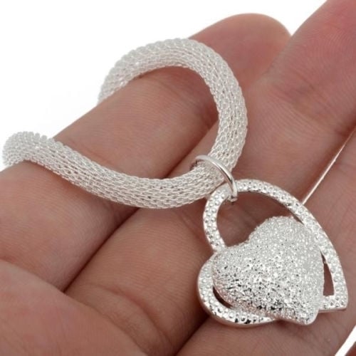 Women Silver Plated Love Dual Heart Shaped Pendant Choker Short Chain Necklace Image 4