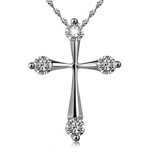 Women Fashion Silver Plated Cross Shiny CZ Pendant Necklace Wedding Jewelry Gift Image 1