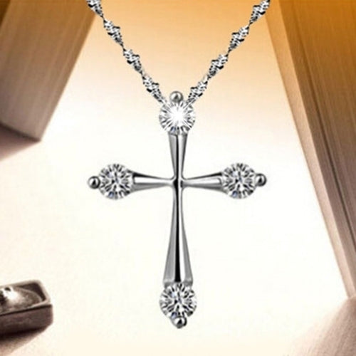 Women Fashion Silver Plated Cross Shiny CZ Pendant Necklace Wedding Jewelry Gift Image 2