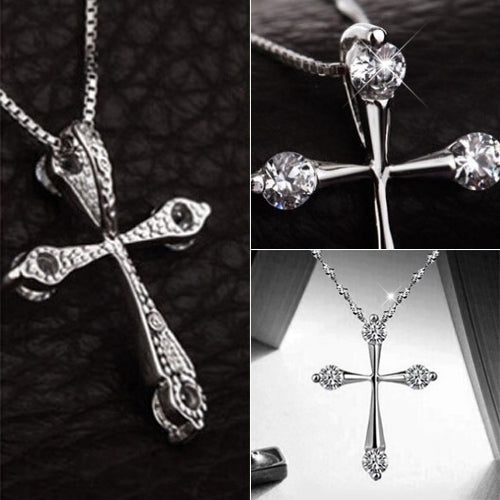 Women Fashion Silver Plated Cross Shiny CZ Pendant Necklace Wedding Jewelry Gift Image 3