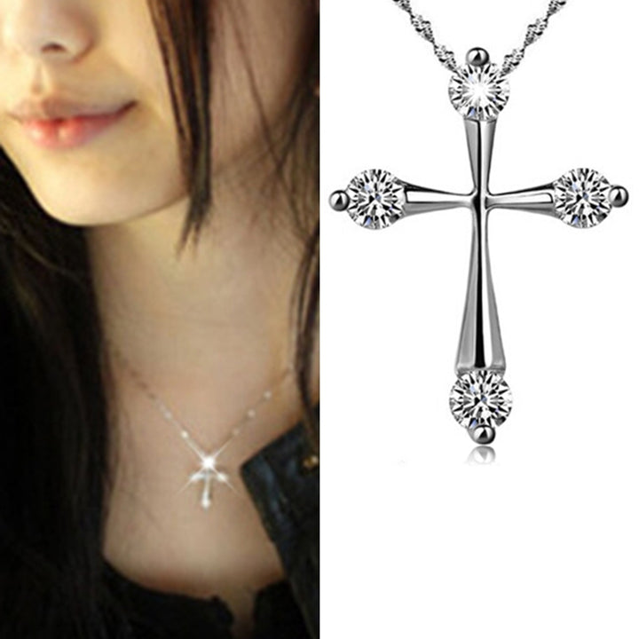 Women Fashion Silver Plated Cross Shiny CZ Pendant Necklace Wedding Jewelry Gift Image 4