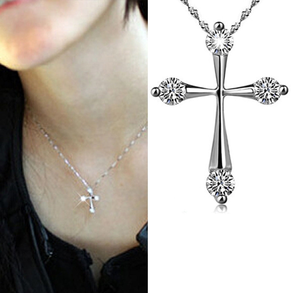 Women Fashion Silver Plated Cross Shiny CZ Pendant Necklace Wedding Jewelry Gift Image 6