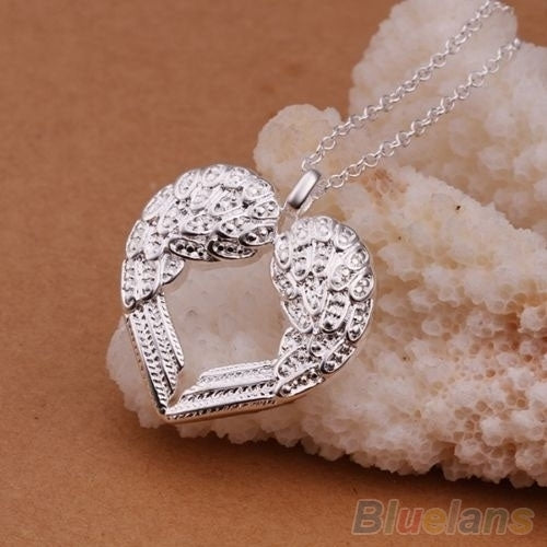 Women 925 Silver Plated Delicate Angle Wing Heart Love Pendant Chain Necklace Image 2