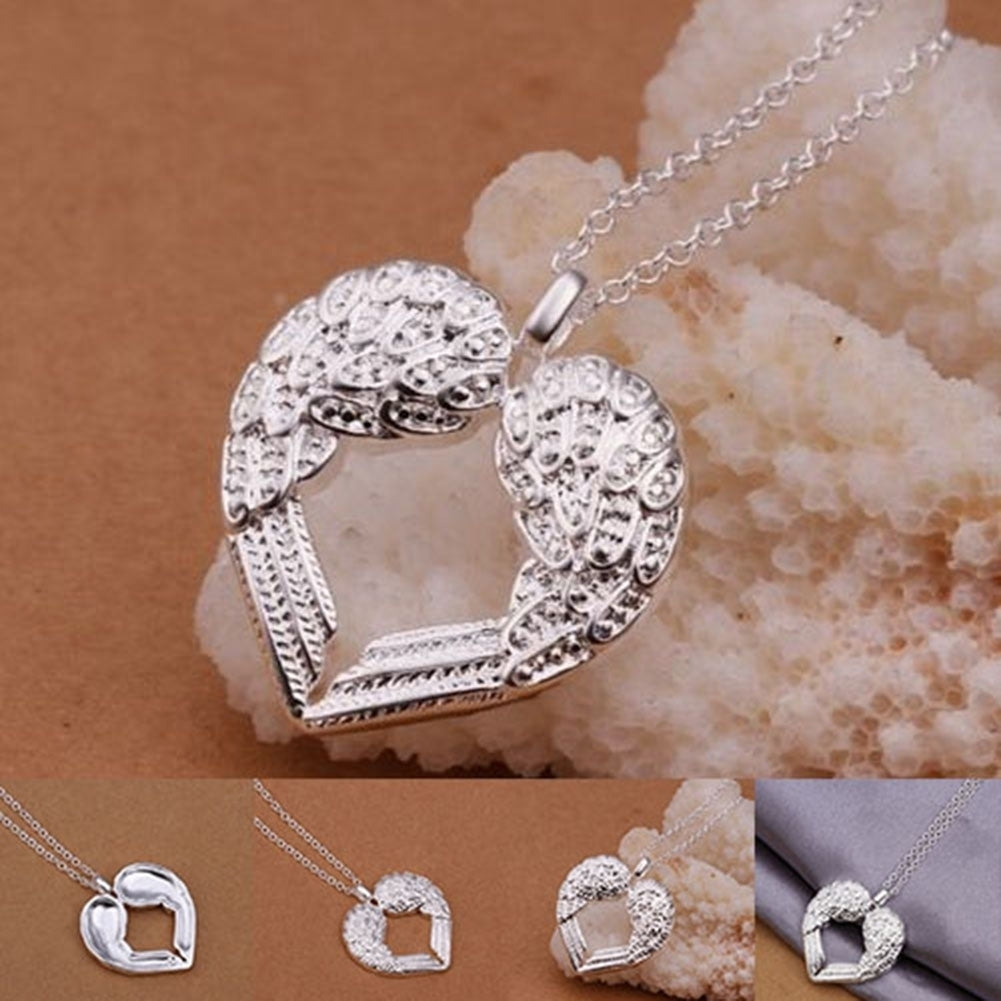 Women 925 Silver Plated Delicate Angle Wing Heart Love Pendant Chain Necklace Image 4