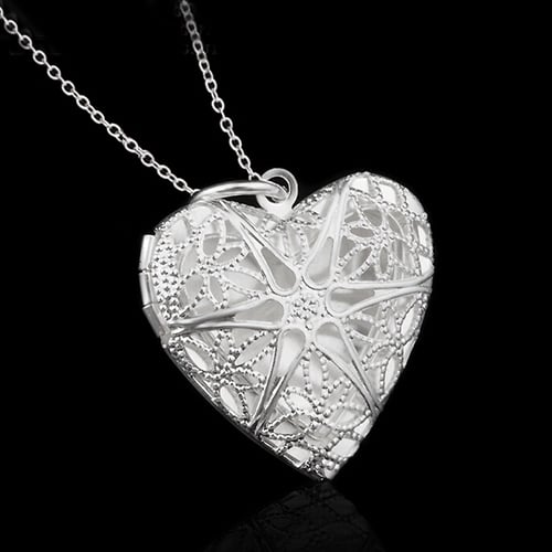 Womens Stylish Silver Plated Hollow Out Heart Photo Locket Charm Necklace Gift Image 2