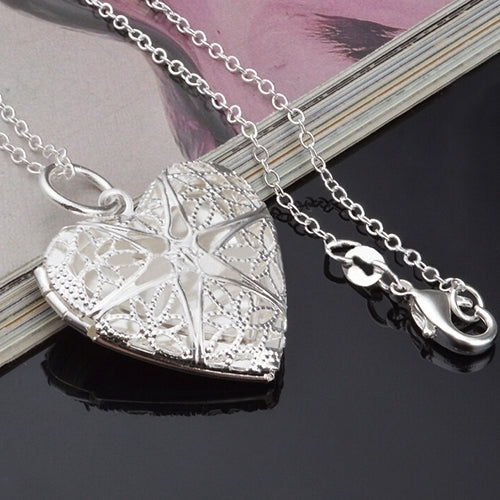 Womens Stylish Silver Plated Hollow Out Heart Photo Locket Charm Necklace Gift Image 3