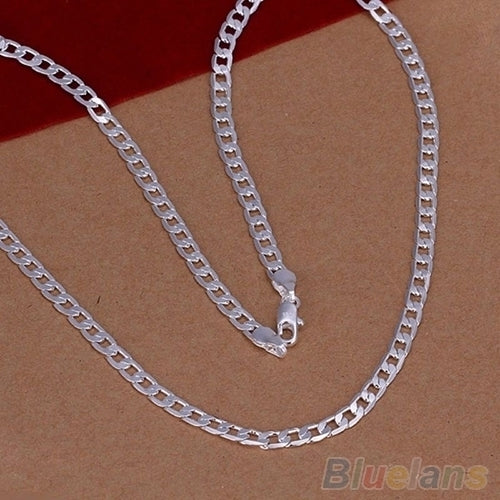 Fashion Unisex Silver Plated 4mm Sideways Flat Chain Necklace Jewelry Gift Image 7