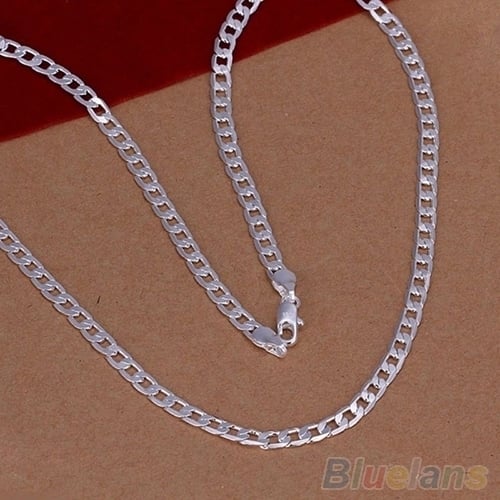 Fashion Unisex Silver Plated 4mm Sideways Flat Chain Necklace Jewelry Gift Image 1