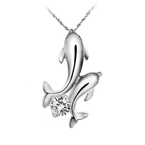 Cute Silver Plated Double Dolphins Pendant Charm Chain Necklace Lady Jewelry Image 2