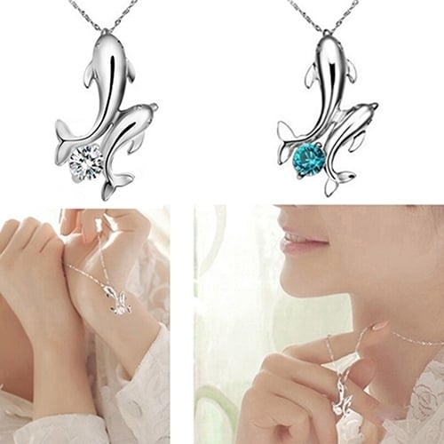 Cute Silver Plated Double Dolphins Pendant Charm Chain Necklace Lady Jewelry Image 3