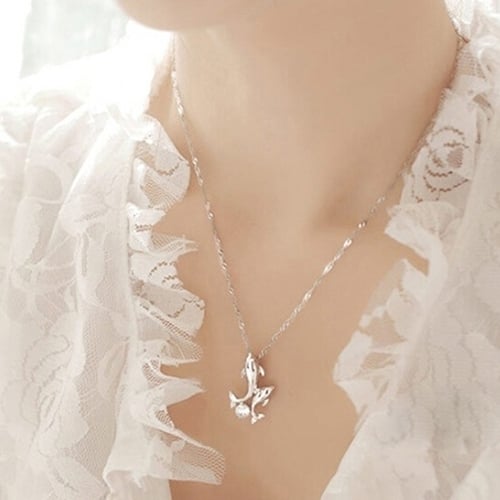 Cute Silver Plated Double Dolphins Pendant Charm Chain Necklace Lady Jewelry Image 4