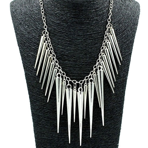 Womens Multilayer Spike Rivet Tassels Chain Bib Statement Necklace Punk Image 2