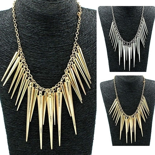 Womens Multilayer Spike Rivet Tassels Chain Bib Statement Necklace Punk Image 3