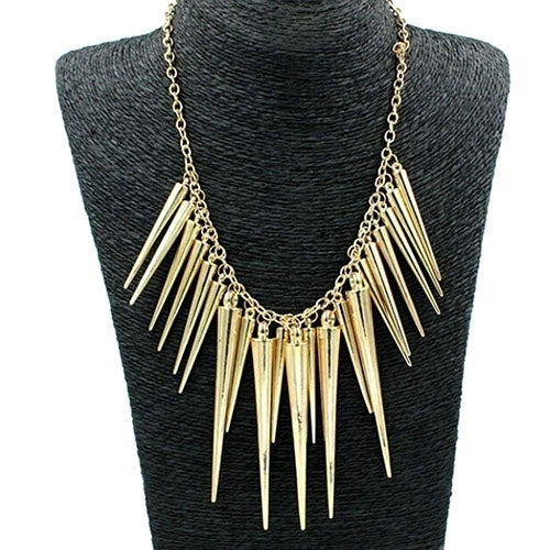 Womens Multilayer Spike Rivet Tassels Chain Bib Statement Necklace Punk Image 4