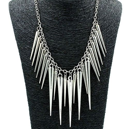 Womens Multilayer Spike Rivet Tassels Chain Bib Statement Necklace Punk Image 4