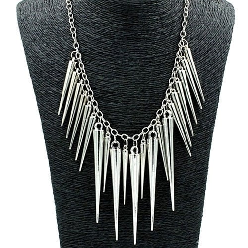 Womens Multilayer Spike Rivet Tassels Chain Bib Statement Necklace Punk Image 1