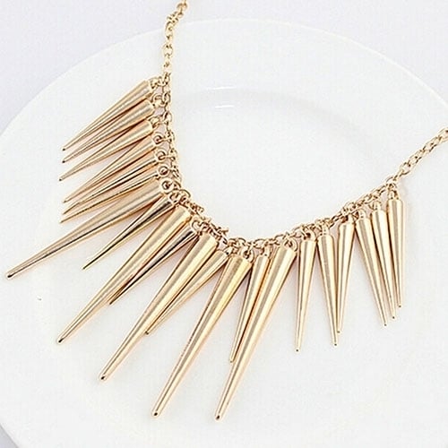 Womens Multilayer Spike Rivet Tassels Chain Bib Statement Necklace Punk Image 6