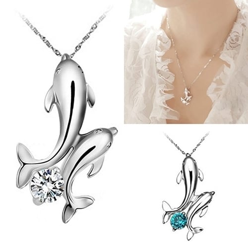 Cute Silver Plated Double Dolphins Pendant Charm Chain Necklace Lady Jewelry Image 4