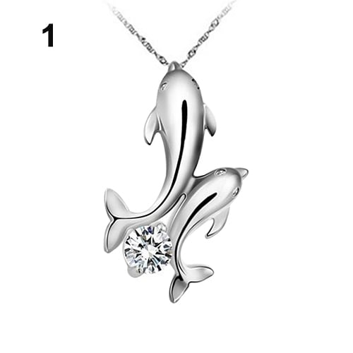 Cute Silver Plated Double Dolphins Pendant Charm Chain Necklace Lady Jewelry Image 6