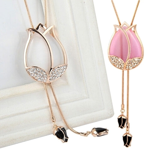 Fashion Womens Beauty Tulip Flower Pendant Rhinestones Sweater Long Necklace Image 4