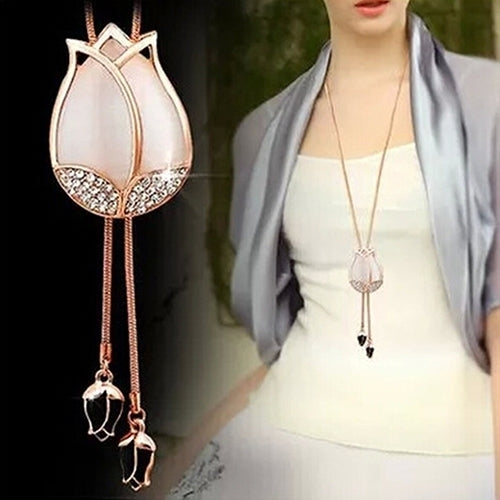 Fashion Womens Beauty Tulip Flower Pendant Rhinestones Sweater Long Necklace Image 4