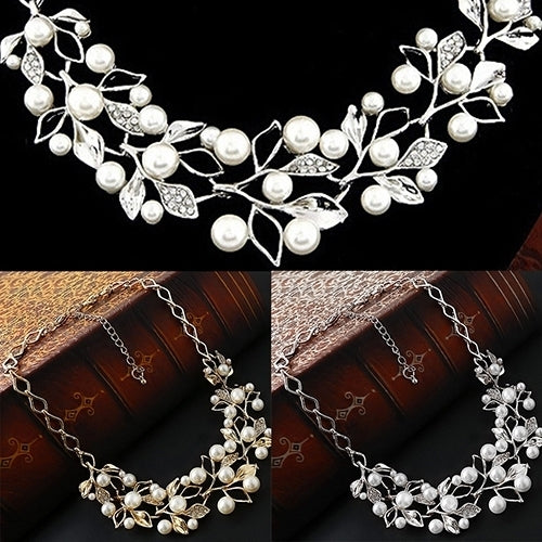 Womens Luxury Choker Faux Pearl Leaf Hollow Short Chain Necklace Jewelry Image 1