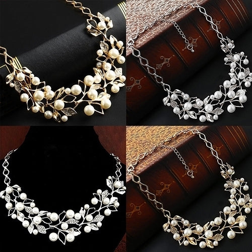 Womens Luxury Choker Faux Pearl Leaf Hollow Short Chain Necklace Jewelry Image 2