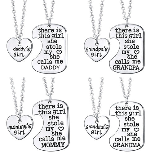 1 Set 2 Pcs English Letters Carved Mommy Daddy Girl Pendant Chain Necklaces Image 2