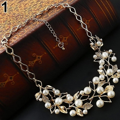 Womens Luxury Choker Faux Pearl Leaf Hollow Short Chain Necklace Jewelry Image 4