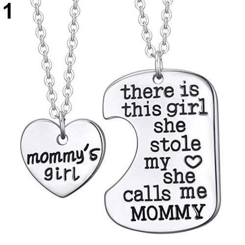 1 Set 2 Pcs English Letters Carved Mommy Daddy Girl Pendant Chain Necklaces Image 4