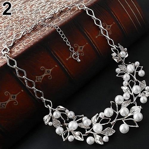 Womens Luxury Choker Faux Pearl Leaf Hollow Short Chain Necklace Jewelry Image 4