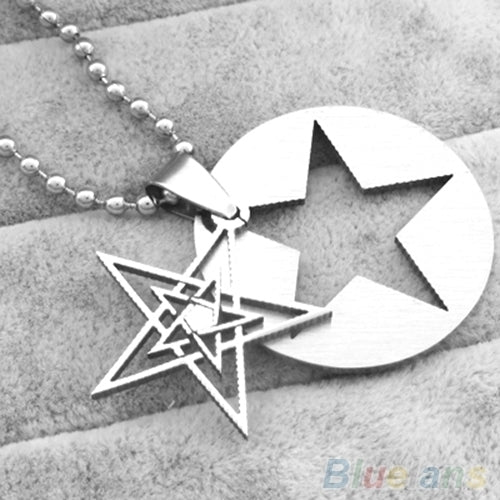 Men Women Fashion Hollow Double Layers Pentagram Pendant Beads Chain Necklace Image 2