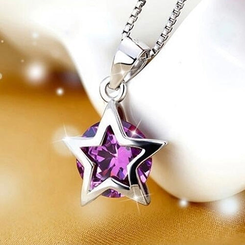 Women Silver Plated Cubic Zirconia Star Crystal Pendant Necklace Chain Image 1