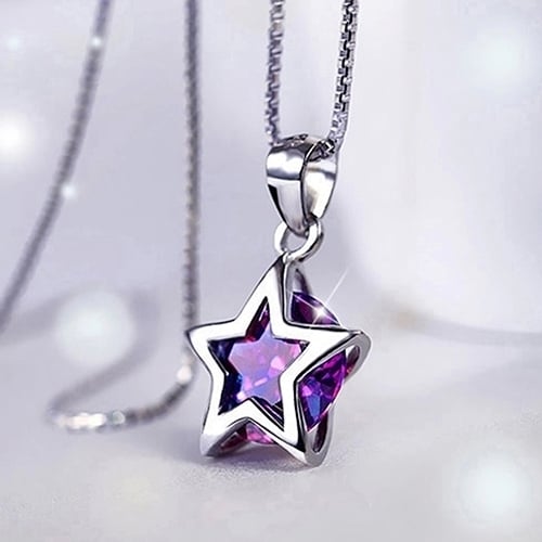 Women Silver Plated Cubic Zirconia Star Crystal Pendant Necklace Chain Image 2