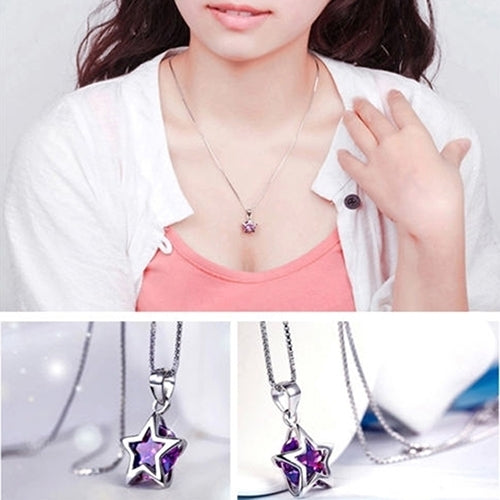 Women Silver Plated Cubic Zirconia Star Crystal Pendant Necklace Chain Image 3